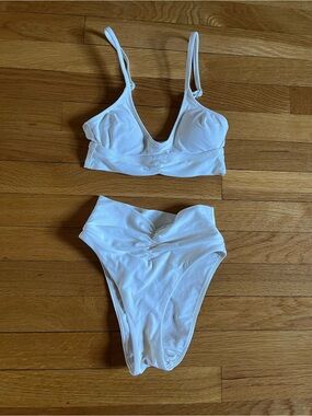 aerie White Two-Piece Bikini Set - Padded Top and Ruched Back Bottoms